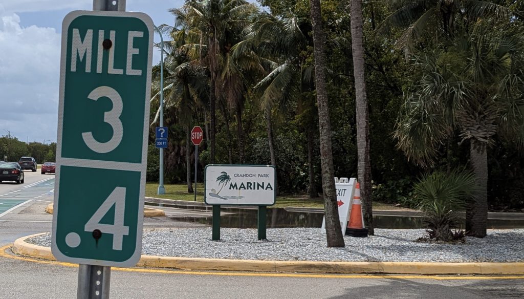 Crandon Park Marina entrance with mile marker 3.4