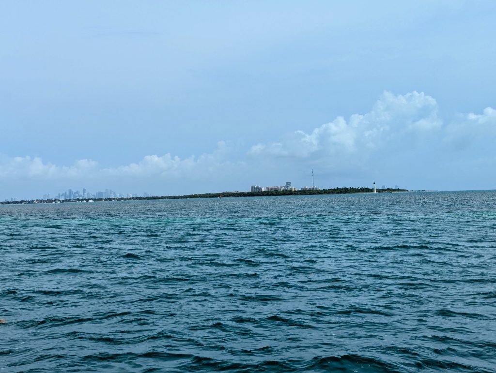 View of Biscayne Bay from the water with Miami skyline in the distance, captured after a PWC launch ramps Miami
